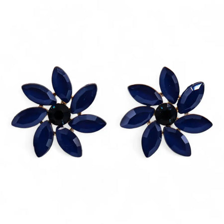 Deep blue royal blue faceted flower-shaped glass stud earrings with a black center called nymph aurora glass earrings
