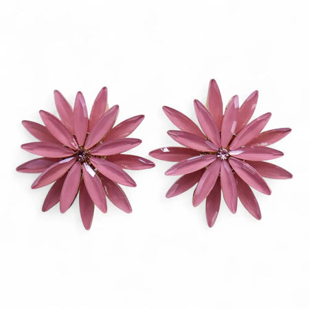 Pink floral stud earrings with glossy enamel petals and a central gemstone from nymph aurora glass soft pink collection