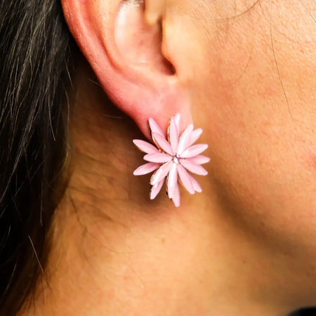 Pink enamel flower earring with delicate petal design and central gemstone from nymph aurora glass in soft pink