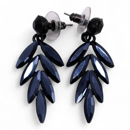 Black leaf shaped long drop earrings with faceted glossy jet black crystal stones made with glass