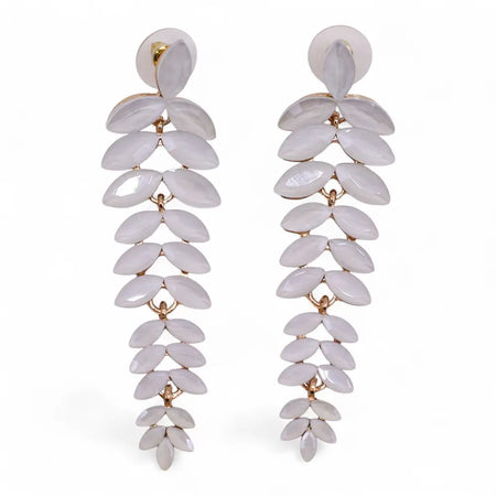 Elegant long drop nymph aurora glass earrings with white leaf-shaped drops and gold-toned metal accents