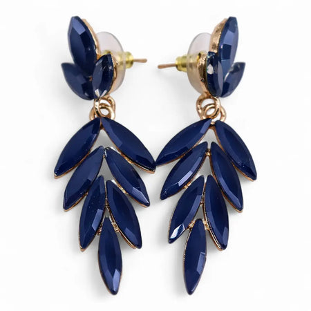 Long drop nymph aurora glass earrings with royal blue faceted leaf shapes and gold toned metal accents