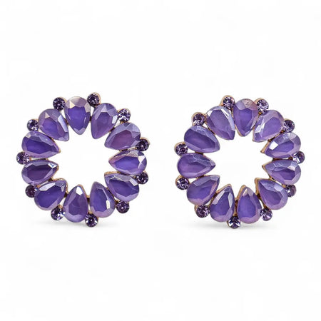 Nymph aurora glass loop earrings with purple teardrop stones and smaller accents set in gold-toned metal frame