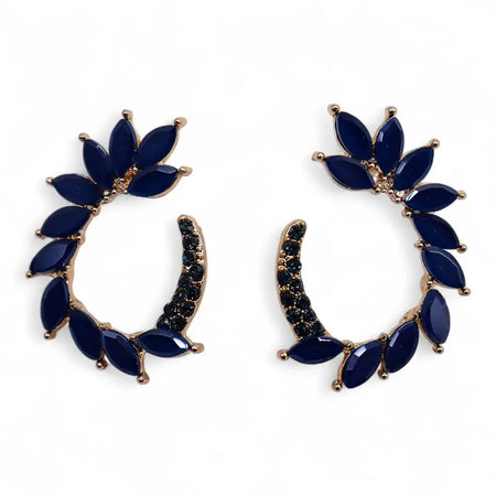 Nymph Aurora glass earrings loop with royal blue marquise stones and black rhinestones in gold-tone crescent hoops