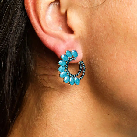 Teal green turquoise oval gemstone hoop earrings with dark metallic frame from nymph aurora glass collection