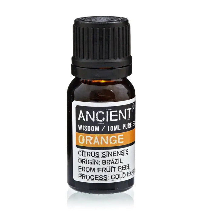 A small amber glass bottle with black cap labeled ancient wisdom orange essential oil 10ml by ancient