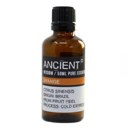 A 50ml amber glass bottle of ancient wisdom orange essential oil with black cap and brazil citrus label showing allergen declarations