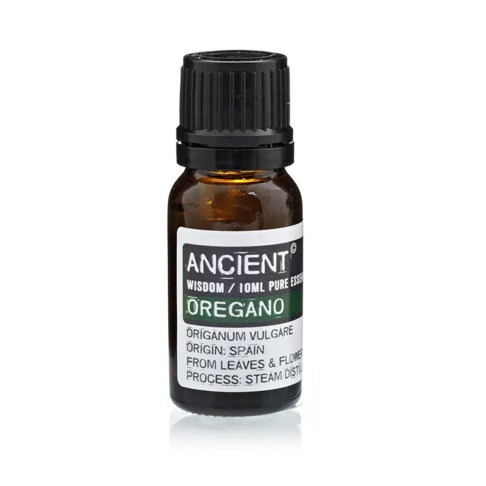A small amber glass bottle with black ribbed cap labeled ancient wisdom oregano essential oil 10ml