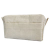 Beige organic cotton toiletry bag with a horizontal stitched pocket and reinforced seams for makeup storage