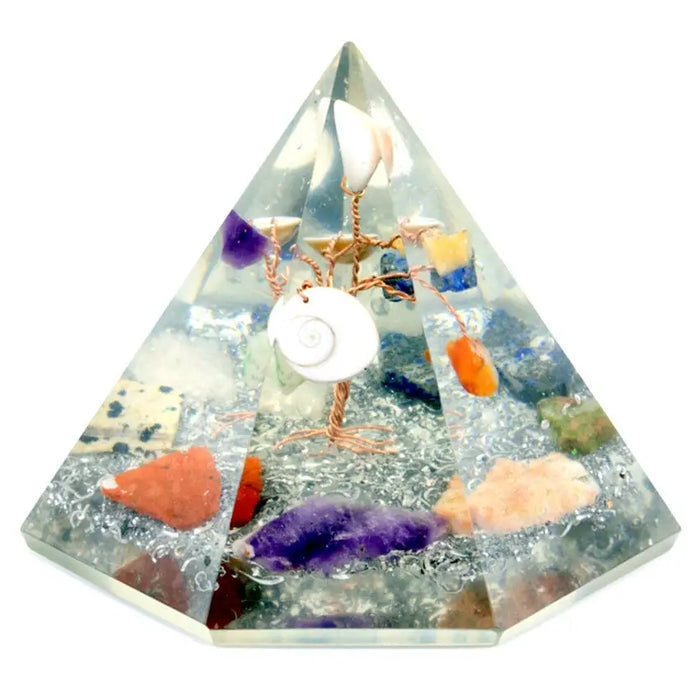Orgonite 7-sided pyramid with clear resin, colorful stones, shells, and a copper wire gemstone wisdom tree inside