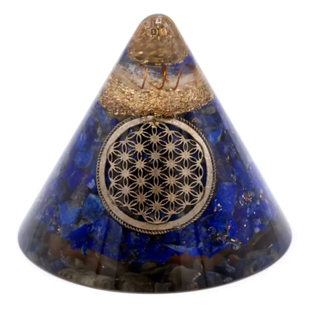 Orgonite cone lapis flower of life large deep blue resin pyramid with golden flower of life and suspended quartz inside