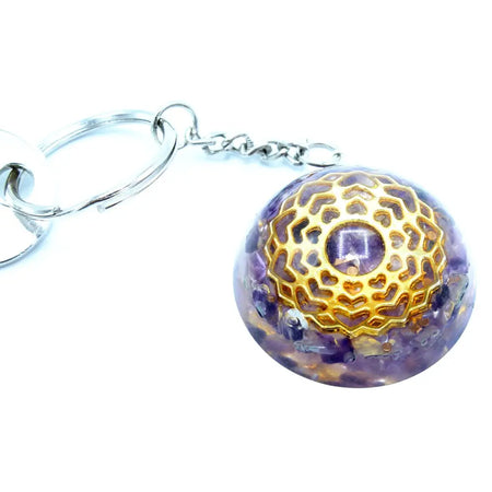 Orgonite power keyring amethyst mandala hearts resin keychain with purple color and golden chakra design crystals embedded