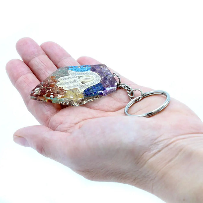 Orgonite power keyring resin keychain rainbow colored with silver hamsa hand design and sparkling crystals