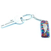 A silver angel wing charm inside a rectangular multicolored resin orgonite power keyring for guardian protection