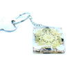 Clear resin orgonite power keyring with golden sri yantra design and copper white circular elements for home protection