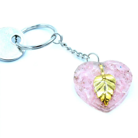 Orgonite power keyring with pink rose quartz heart, golden leaf pendant, and silver-toned metal components