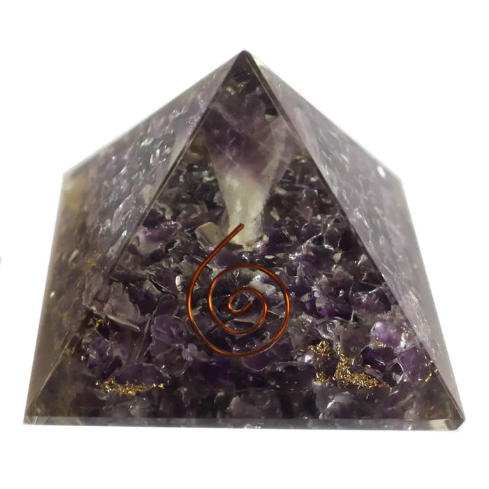 Medium 5cm orgonite pyramid with clear resin, purple amethyst chips, copper spiral, and gold leaf accents