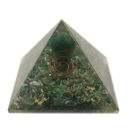 A 5cm orgonite pyramid angel made of translucent green resin with emerald gemstones copper spiral and gold flakes