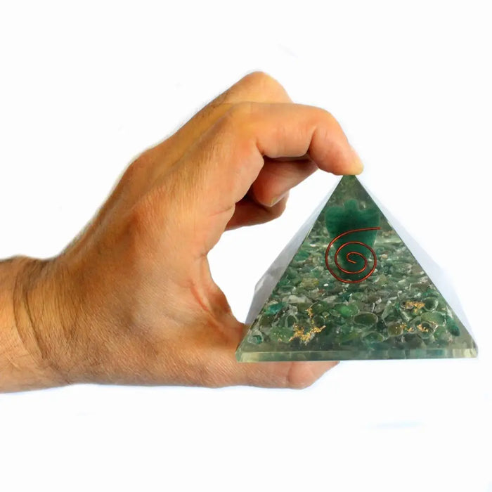 Orgonite pyramid angel medium with translucent green resin, emerald fragments, copper spiral, and 5cm size