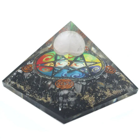 Orgonite pyramid 5cm clear resin with black crystals gold flecks colorful base and white quartz crystal on top