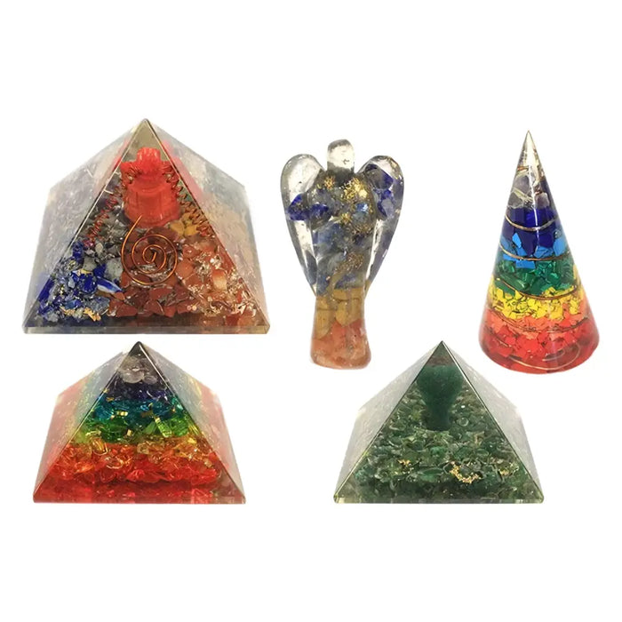 Clear resin orgonite pyramid with rainbow-colored crystals and a central om chakra spiral design large size