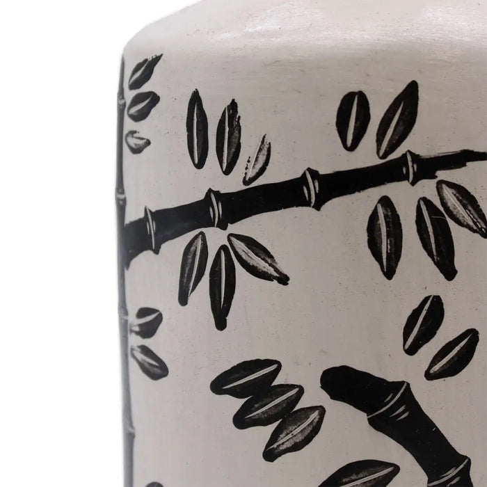 A white ceramic oriental straight vase with a black hand-painted bamboo motif and leaf design natural finish