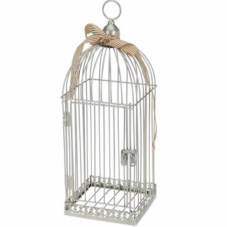 Ornamental silver metal birdcage with decorative lattice base and woven rope bow on top