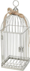 Ornamental silver wire birdcage with a decorative ribbon tied around the top made of metal wire