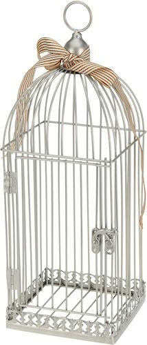 Ornamental silver wire birdcage with a decorative ribbon tied around the top made of metal wire