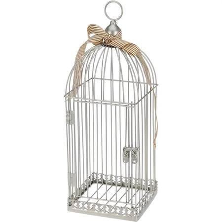 Ornamental silver wire birdcage with a decorative ribbon tied around the top made of metal wire