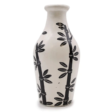 Ornamental shaped white ceramic vase with black hand-painted bamboo stalks and leaves natural design