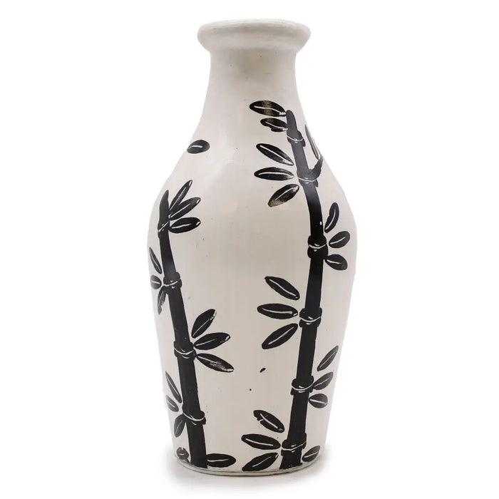 Ornamental shaped white ceramic vase with black hand-painted bamboo stalks and leaves natural design