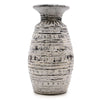 Ornamental shaped ceramic vase in cream with silver-toned texture and raised circular bands with a flared rim
