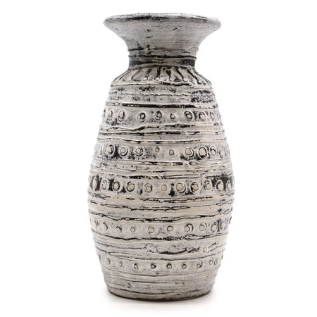Ornamental shaped ceramic vase in cream with silver-toned texture and raised circular bands with a flared rim