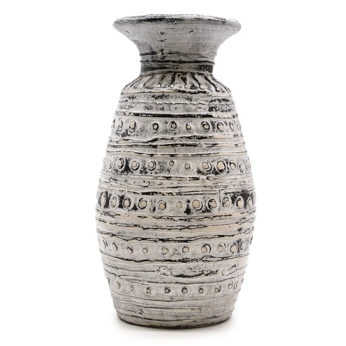 Ornamental shaped ceramic vase in cream with silver-toned texture and raised circular bands with a flared rim