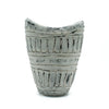 Gray ceramic vase with wide neck textured ribbed design and dotted accents in cream ornamental shape