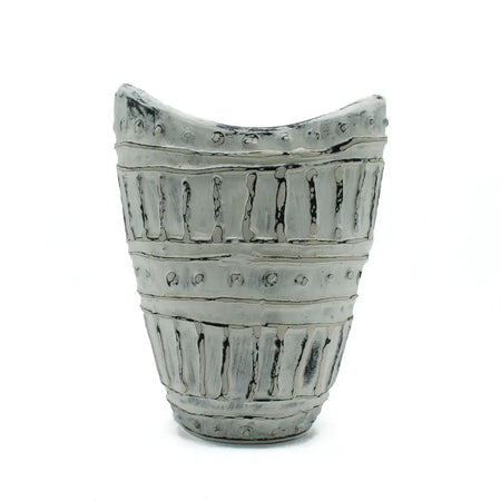 Gray ceramic vase with wide neck textured ribbed design and dotted accents in cream ornamental shape