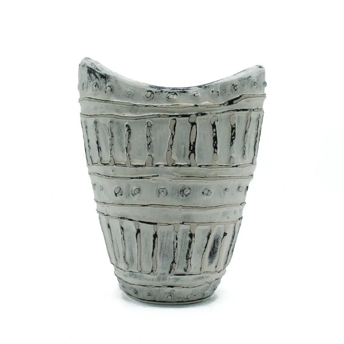 Gray ceramic vase with wide neck textured ribbed design and dotted accents in cream ornamental shape