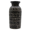 Black ceramic ornamental straight vase with bold white greek key pattern bands and textured vertical ridges chocolate color