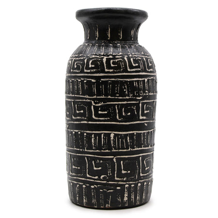 Black ceramic ornamental straight vase with bold white greek key pattern bands and textured vertical ridges chocolate color