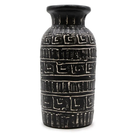 Black ceramic ornamental straight vase with bold white greek key pattern bands and textured vertical ridges chocolate color