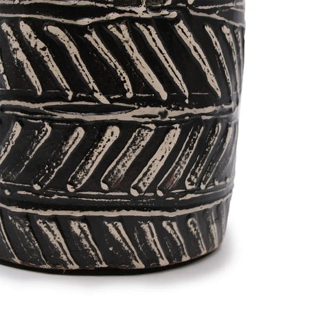Black ceramic ornamental tapered vase with textured diagonal ridged pattern in matte chocolate finish