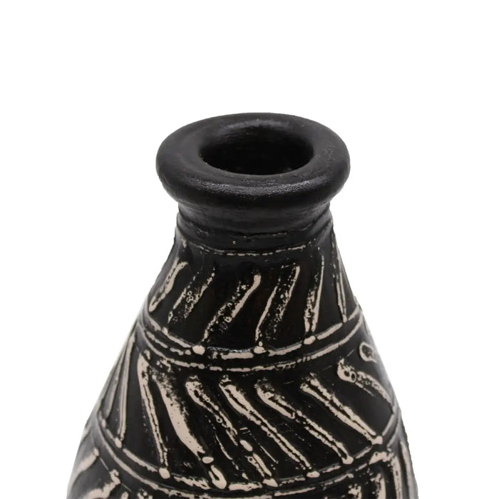 Ornamental tapered ceramic vase in black with white Greek geometric patterns and a chocolate finish