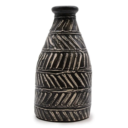 Ornamental tapered black ceramic vase with textured diagonal ridged patterns in a lighter chocolate tone