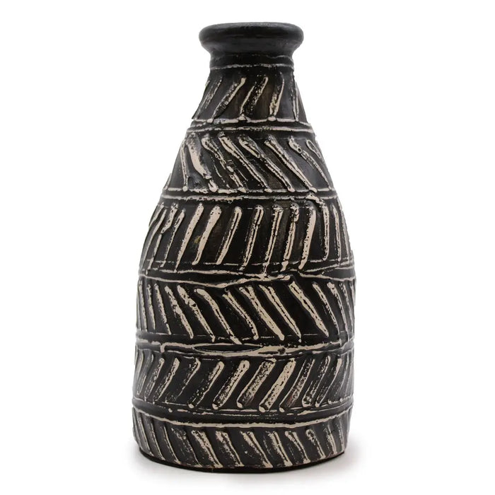 Ornamental tapered black ceramic vase with textured diagonal ridged patterns in a lighter chocolate tone