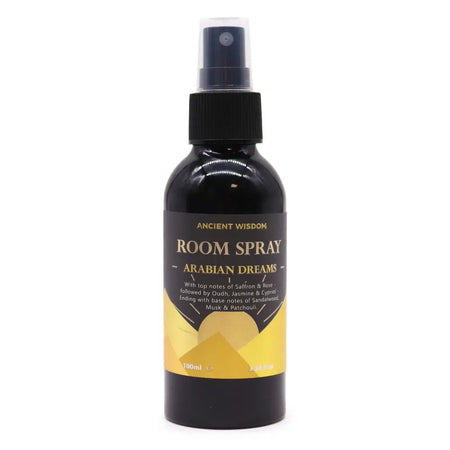 Black glass bottle with gold label ancestral wisdom arabian dreams room spray in 100ml featuring base notes