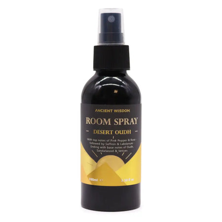 Black glass oudh room spray bottle with gold label desert oudh and floral notes on white background 100ml
