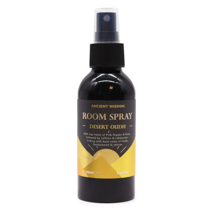 Black glass oudh room spray bottle with gold label desert oudh and floral notes on white background 100ml