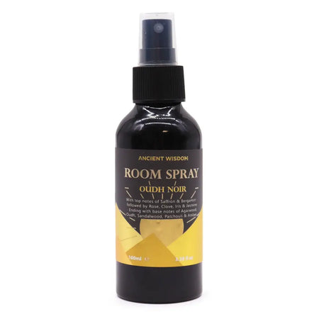 Black glass oudh noir room spray bottle with gold ancient wisdom label and black spray nozzle 100ml volume