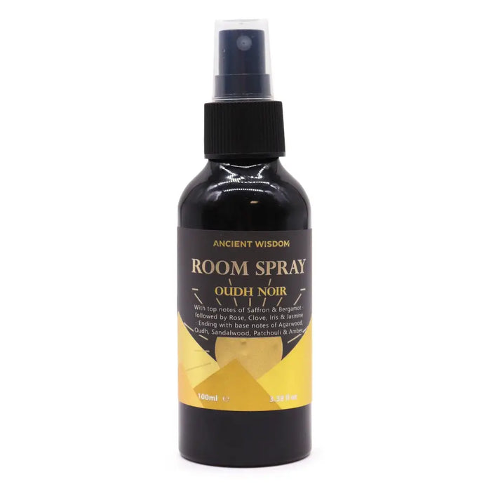 Black glass oudh noir room spray bottle with gold ancient wisdom label and black spray nozzle 100ml volume